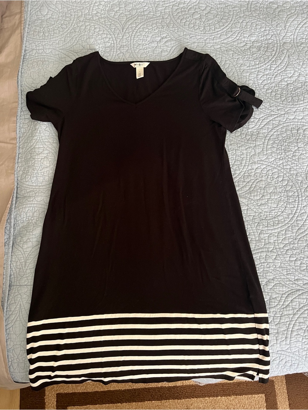 Black V-Neck Short Sleeve Dress with Striped Hem
